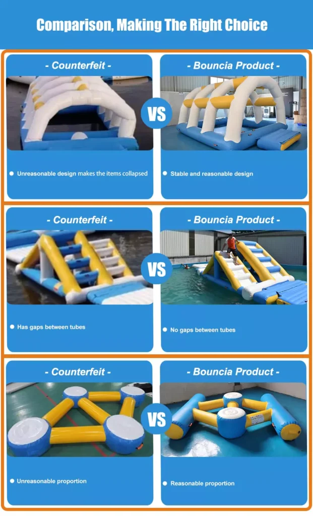 Advanced craftsmanship details of Bouncia aqua park compared to competitors, highlighting superior quality and design features