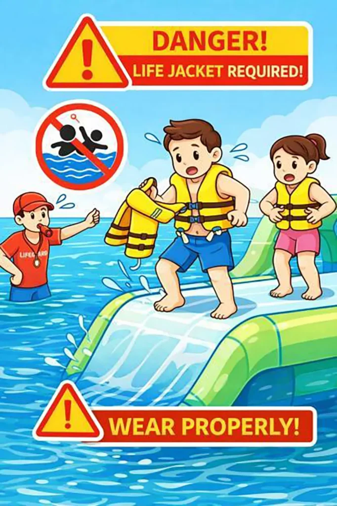 incorrect-life-jacket-use-in-inflatable-water-park-illustration