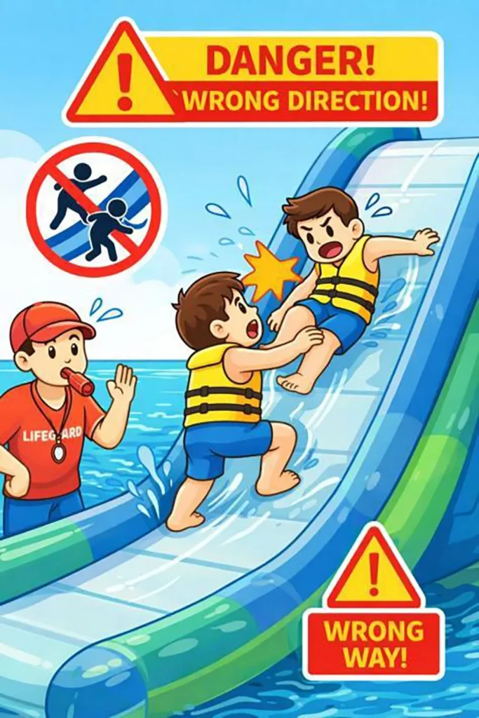 wrong-direction-climbing-on-inflatable-water-slide-illustration