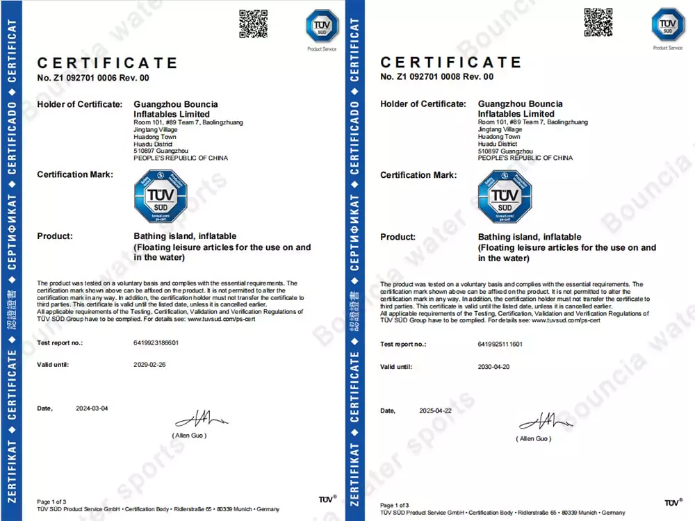 TÜV certificates for Bouncia inflatable water park products