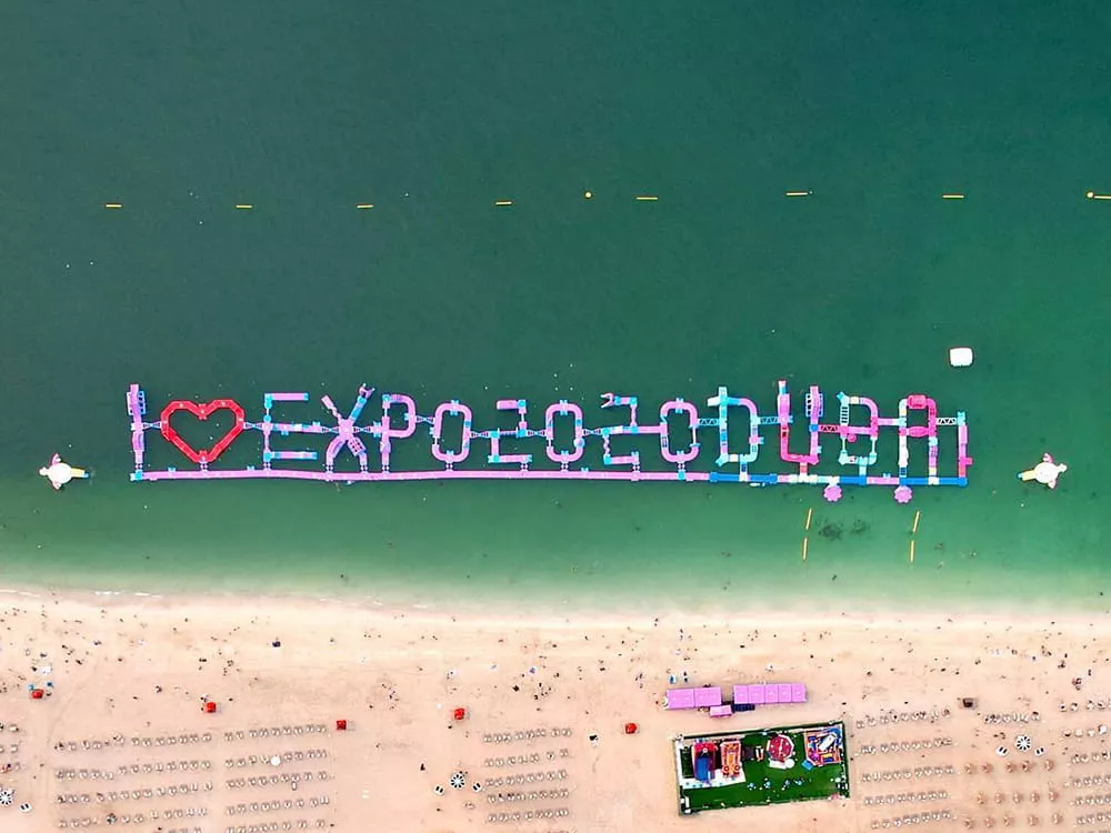 Custom inflatable water park with letter-shaped layout in Dubai