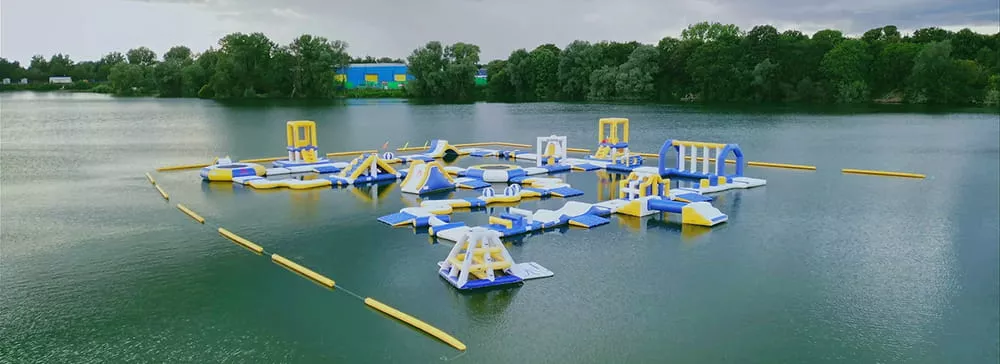 Inflatable water park occupying part of a large lake