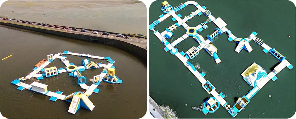 Inflatable water park before and after expansion from a smaller initial layout